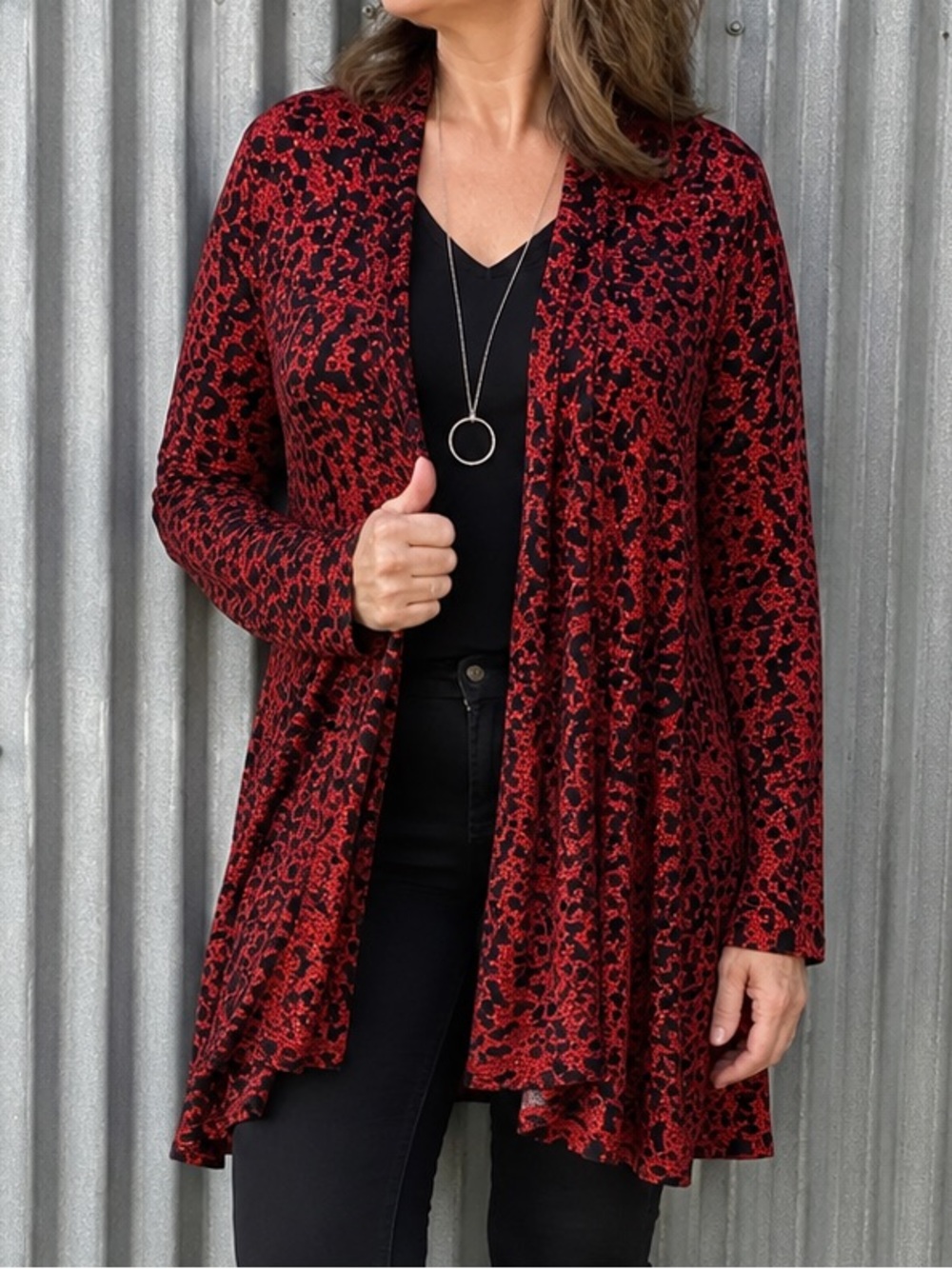 Yest Leopard Print Open Front Red & Black Sheer Cardigan Size 6 Cotton Blend